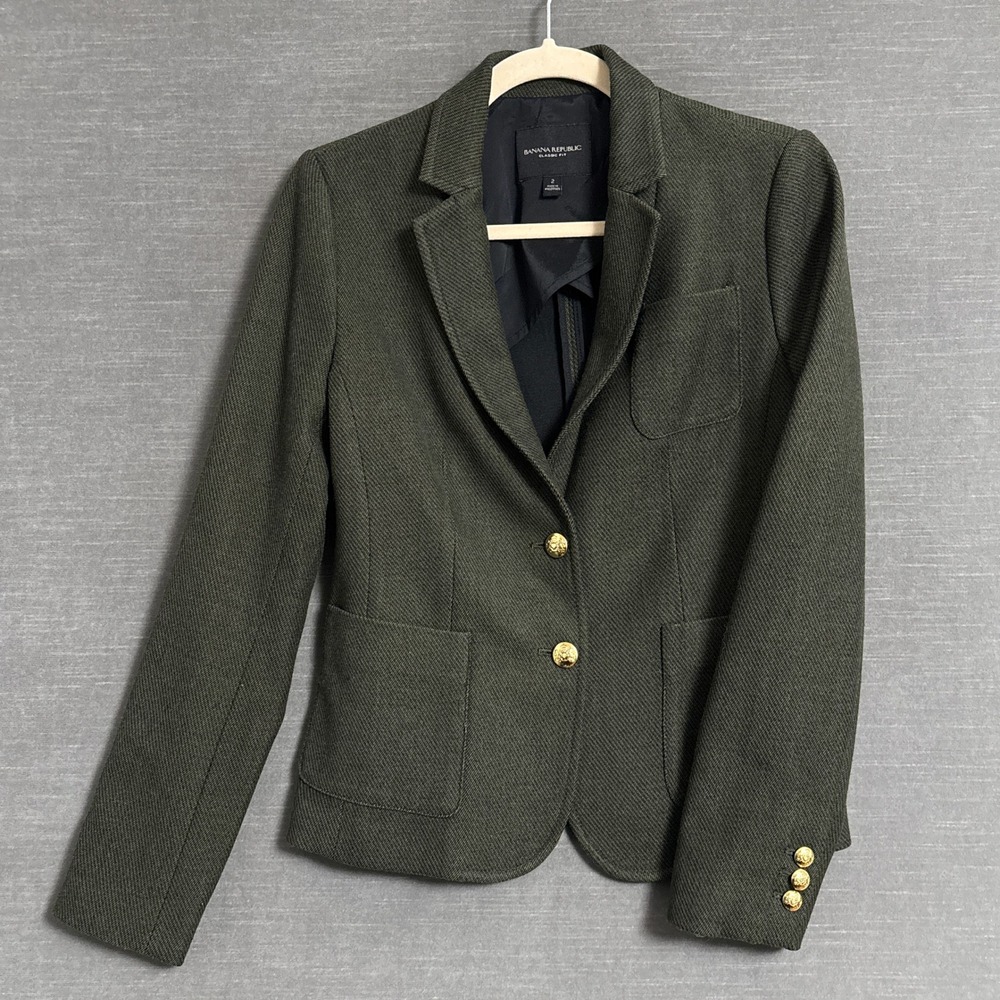 Banana Republic Blazer 2 Classic Fit Green Cotton Blend Gold Crest Career Layer